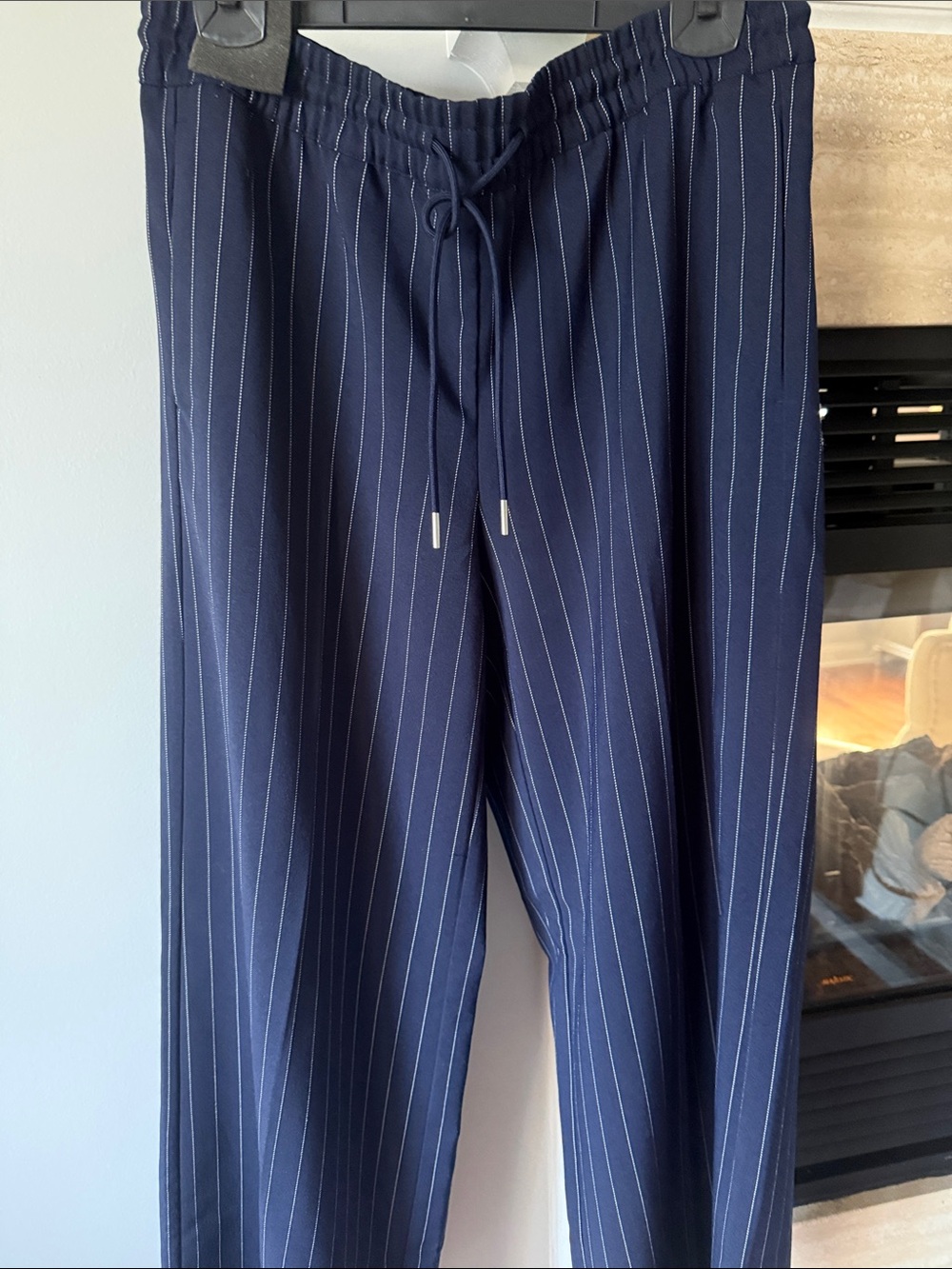 Navy Pinstripe women high rise wide leg Drawstring Pants